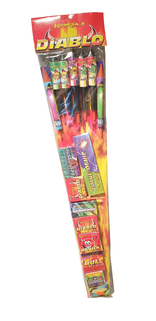 Packaged firework sticks with colorful labels on a white background