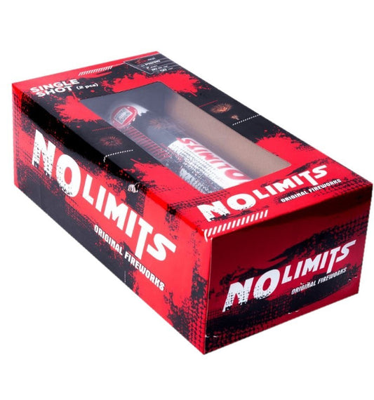 Red and black box of NO LIMITS fireworks with clear window